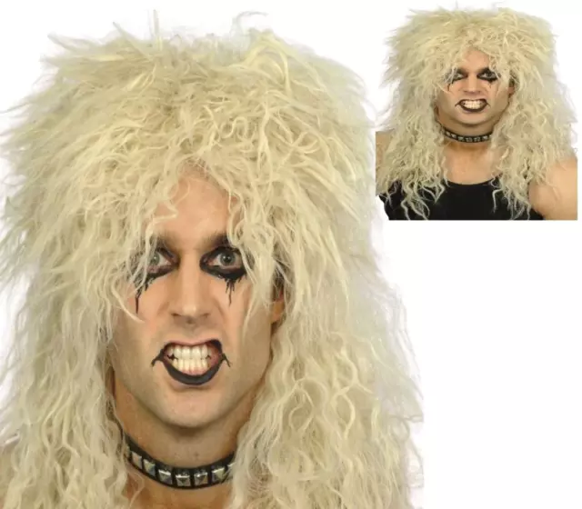 Blonde Rock Star Wig Mens 80s Curly Punk Biker Celebrity Rocker Fancy Dress