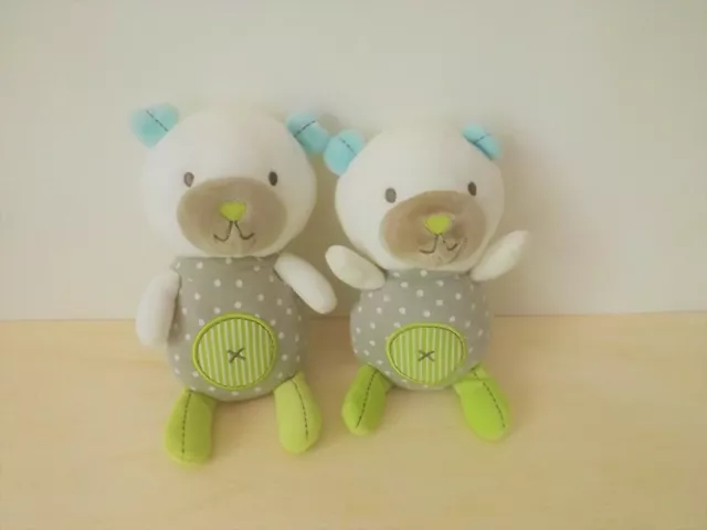 lot deux doudous ours blanc vert gris pois pommette
