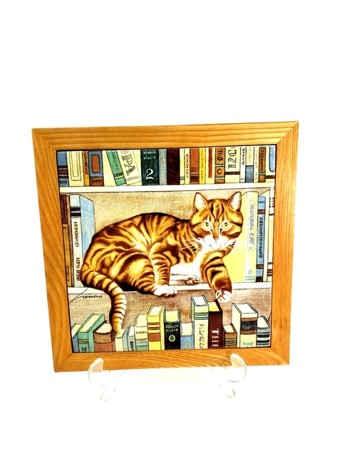 Lowell Herrero 1982 Vandor Large Art Tile & Wood Trivet Tabby Cat Books Library