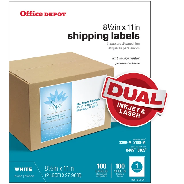 Office Depot Brand Inkjet/Laser Permanent Full-Sheet Labels, 8 1/2" x 11", 100Pk