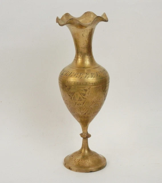 VINTAGE BRASS PEDESTAL Vase Engraved with Scalloped Rim 10” Tall India