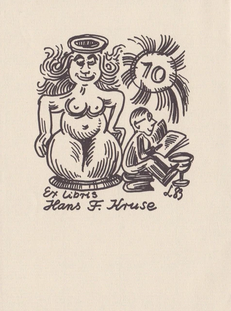 Exlibris für Hans F. Kruse / Akt nude reading Lesen Linolschnitt