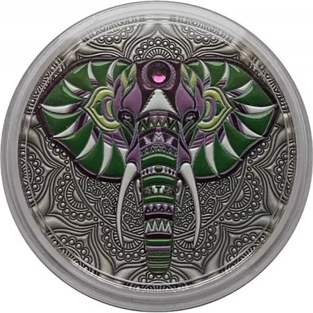 2 Oz Silber Münze - Elephant Mandala Art - Antik Finish - 2019 Niue