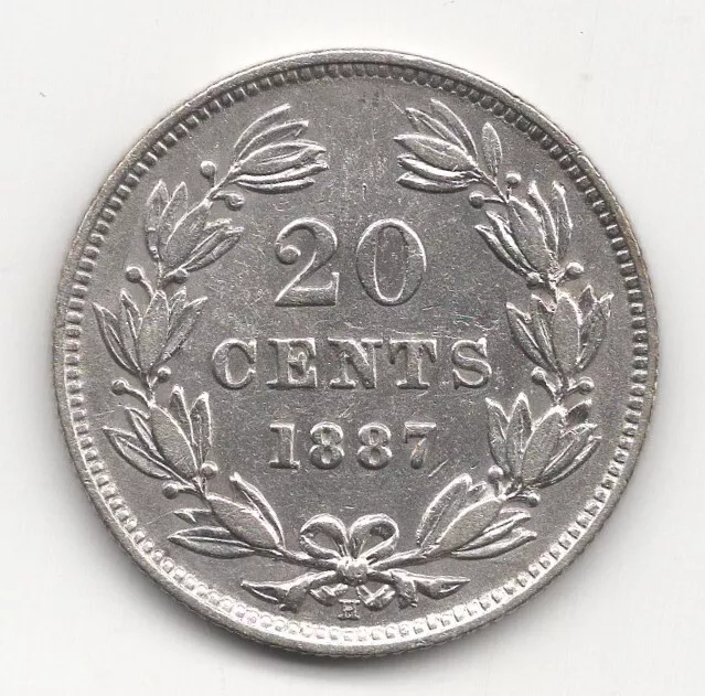 High Grade 1887 H  Nicaragua  Silver 20 Centavos 2