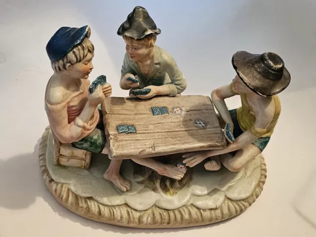 Vintage Figural Statuette The Cheaters Three Young Boys Playing Cards 3