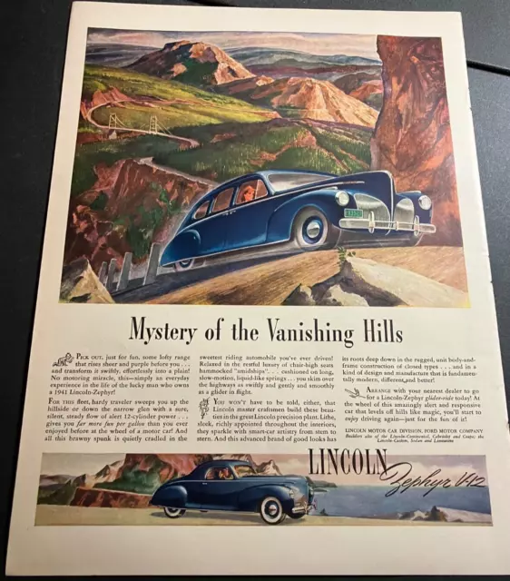 1941 Lincoln Zephyr V-12 - Vintage Original Illustrated Color Print Ad Wall Art