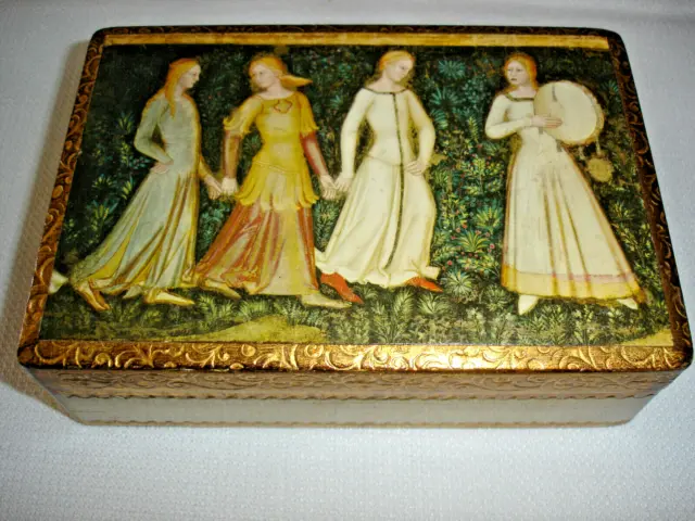 Vintage Gold Gilt Florentine Wooden Box~Medieval Ladies~Hand Made in Italy~Nice!