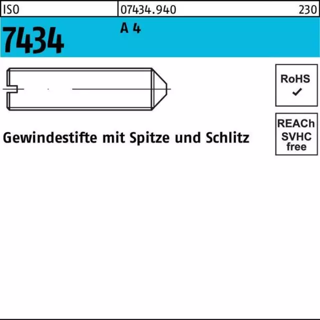 Gewindestift ISO 7434 m.Spitze/Schlitz M 6 x 6 A 4