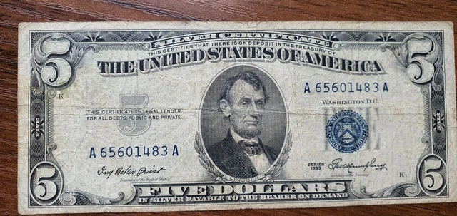 1953 $5 Dollar Silver Certificate Usa Blue Seal Note Banknote 
