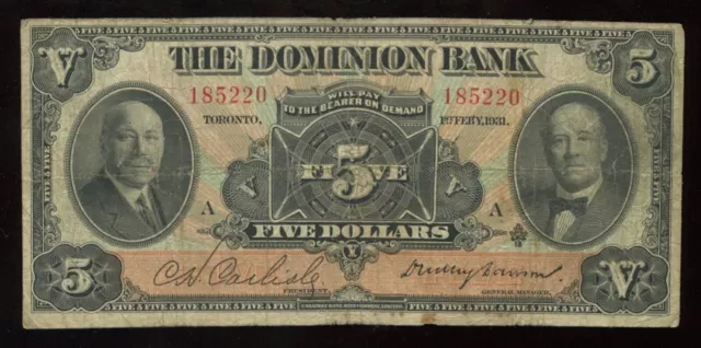 Dominion Bank $5, 1931 - CH 220-24-04. Fine with a bit of usual rust. S/N: 18522
