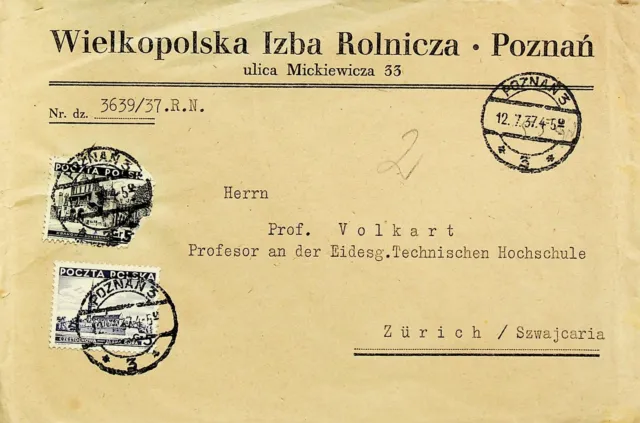 POLAND 1937 PRE WWII 2v ON COVER FROM POZNAN TO ZUERICH SWITZERLAND
