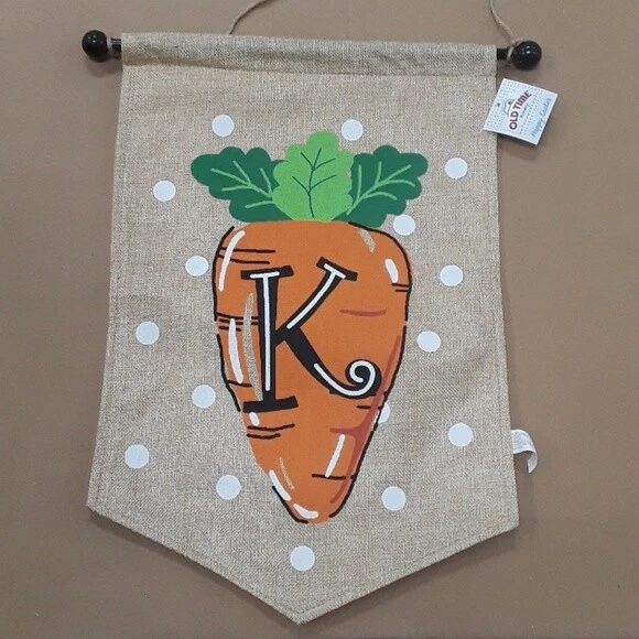 Spring Easter "K" Monogram Carrot Burlap House Flag with Pole NEW
