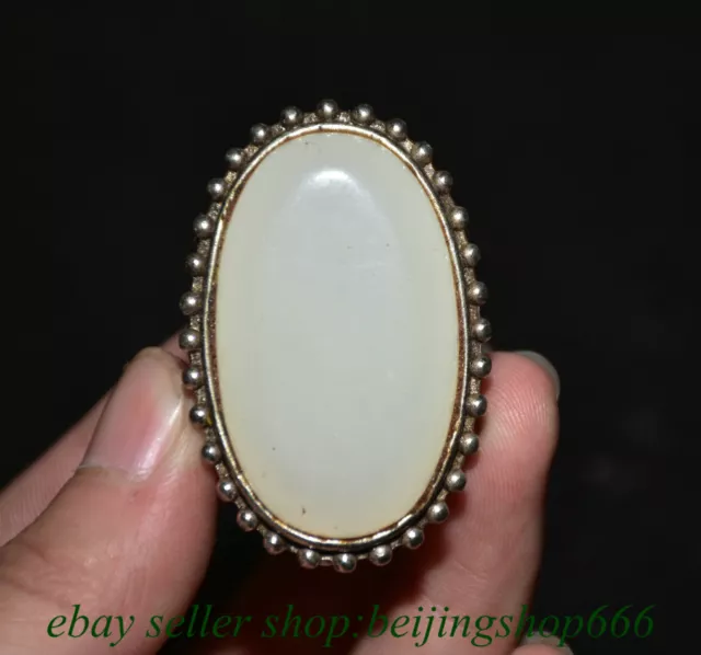 1.8" Old Chinese Silver White Jade Gems Jewelry Round Ring Statue A87