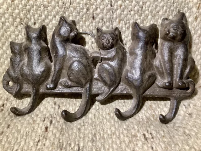 Vintage Rustic Cast Iron Cat Wall Hanger Coat Keys Holder 4 Hooks