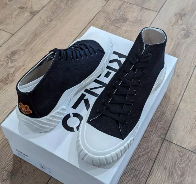 $335 Mens KENZO Two Tone Canvas High-Top Sneakers Black/White 44 US 11