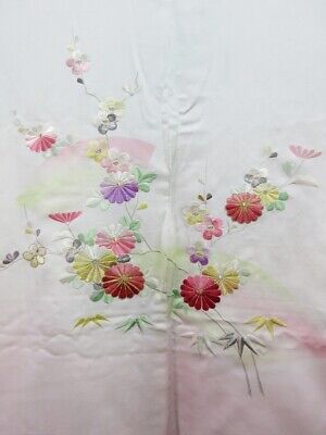 7676J3 Silk Vintage Japanese Kimono Haori Jacket Fully Embroidered Ume Kiku