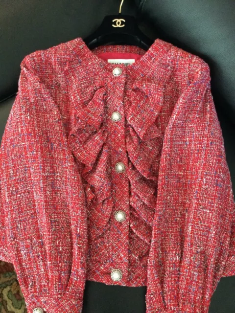 Chanel 19P Tweed Cc Logo Faux Pearls Button Jacket Fr40 Us8