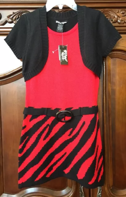 NWT Planet Gold Girls Red & Black Short Sleeve Belted Sweater Dress Large 14 New