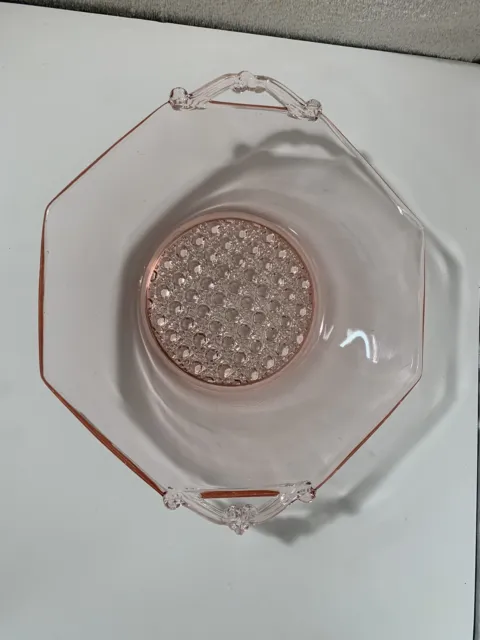 VTGPink Lancaster Depression Glass Ornate Handles Bowl Octagon Shape Granny Core