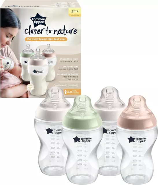 Tommee Tippee 4x 340ml Closer Nature Baby Bottles Teat 3m+