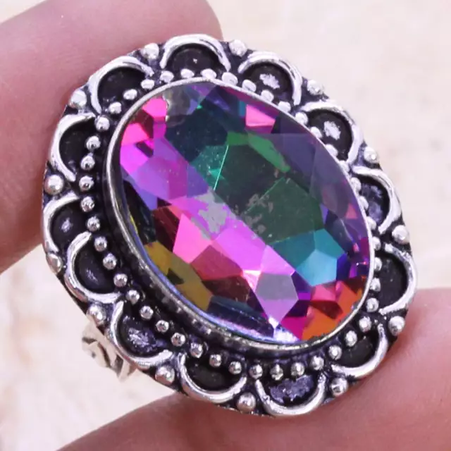 Mystic Topaz Art Piece 925 Silver Plated Handmade Ring of US Size 7