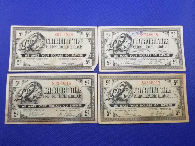 Vintage Canadian Tire Coupon 5 Cent Bill Lot Of 4 Poor  Aa380
