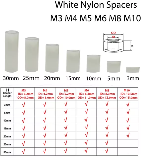 WHITE Nylon Standoff SPACERS Plastic Standoff Washers M3 M4 M5 M6 M8 M10