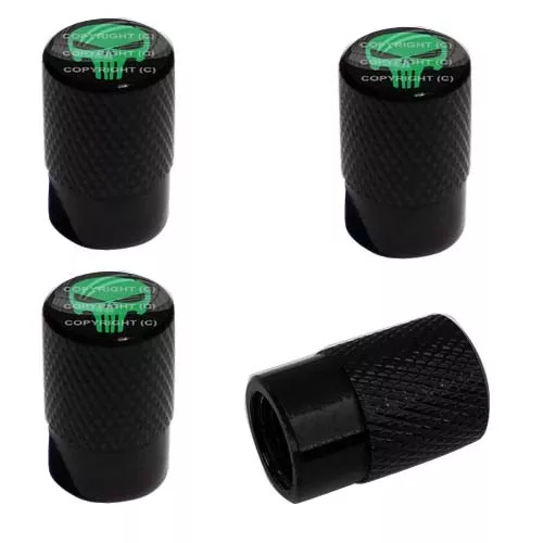 4 Black Billet Knurled Tire Wheel Valve Caps Car Truck GREEN PUNISH SKULL BK