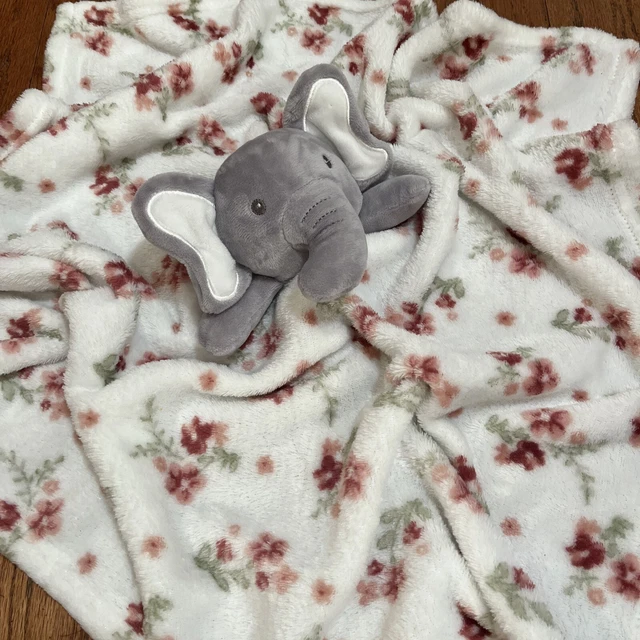 Modern Baby Elephant Security Blanket White Gray Floral Flowers Lovey Infant HTF