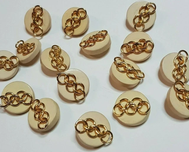 MERCERIE LOT 16 ANCIENS BOUTONS COROZO BEIGE ANNEAUX MÉTAL DORÉ 18 mm # T2
