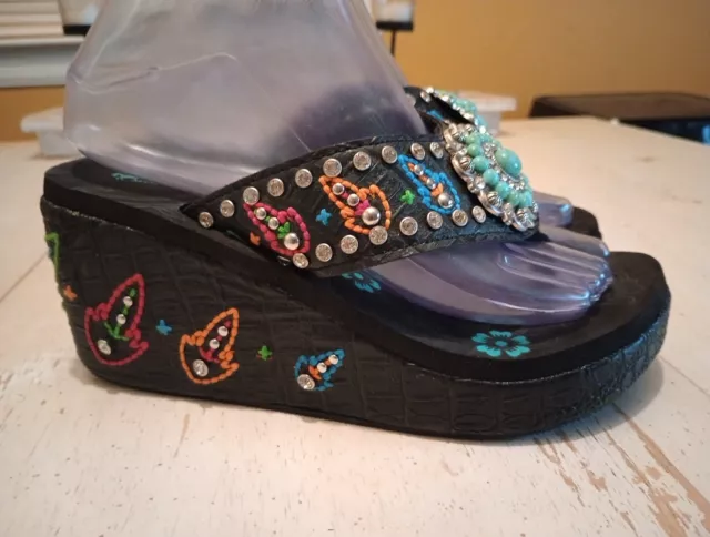 Montana West Embroidered/ Rhinestone And Turquoise Wedge Sandals Size 8 Women's