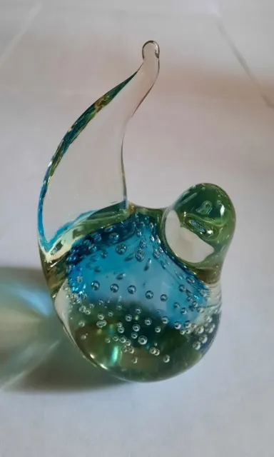 Vintage Blue Art GLASS BIRD Figurine Paperweight Controlled Bubbles Handblown