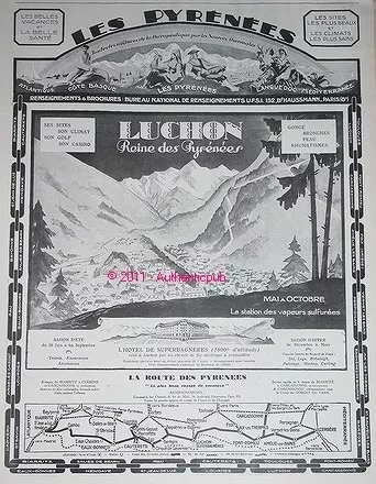 PUBLICITE DE 1927 LUCHON REINE DES PYRENEES hotel superbagneres FRENCH ADVERT AD