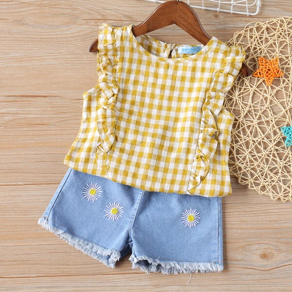 Completo Bimba bambina Maglia t shirt giallo pantaloni corti denim jeans   B056
