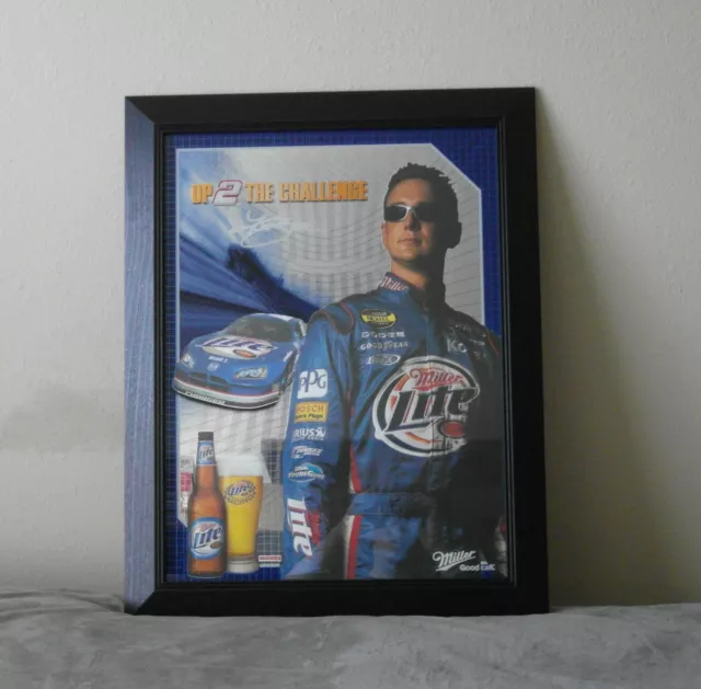 Miller Lite Kurt Busch Nascar Glass Mirror Wall Bar Sign - Wood Frame 29" x 22"