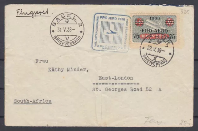 Schweiz Nr. 325 EF auf Brief Flugpost Pro Aero Postflug ab Chur 22.5.1938 nach S