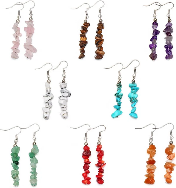 8 Pairs Natural Tumbled Stone Dangle Earrings Drop Hook Chakra Gemstone Chip Set