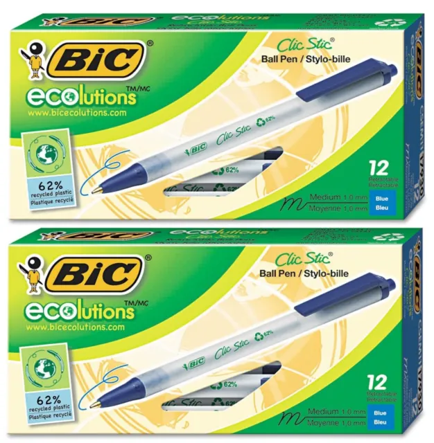 BIC Ecolutions Clic Stic Blue Ballpoint Pens Medium Point 1.0mm, Pack of 2