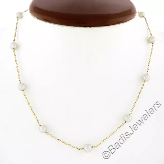 14k Gold 5-6mm White Pearl by the Yard 16" Cable Link Chain Station Necklace