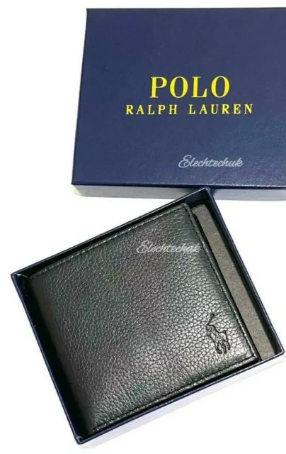 Polo Ralph Lauren Mens Bifold soft Pebble Leather Card&Coin Pocket Wallet_Black