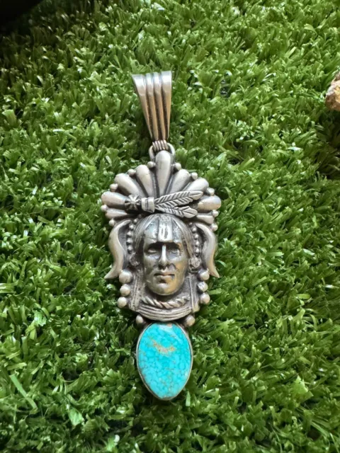 Navajo 925 Sterling Silver Turquoise Indian Chief Head Pendant Southwestern