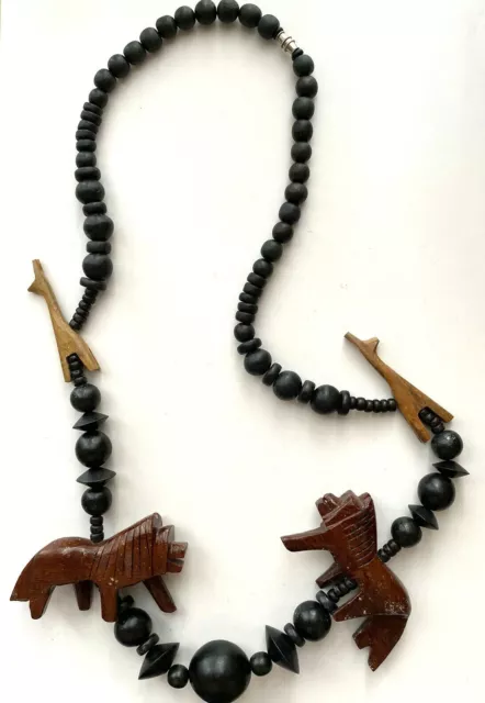 GRAND COLLIER ethnique VINTAGE EN BOIS Animaux GIRAFE LION superbe 72cm