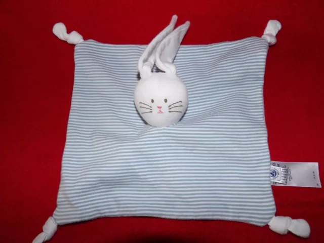 Doudou Plat Carré Lapin Blanc Rayure Bleu Ciel Petit Bateau