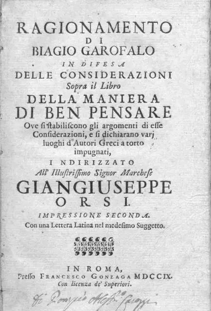 GAROFALO Biagio.RAGIONAMENTO SOPRA IL LIBRO "DELLA MANIERA DI BEN PENSARE".1709