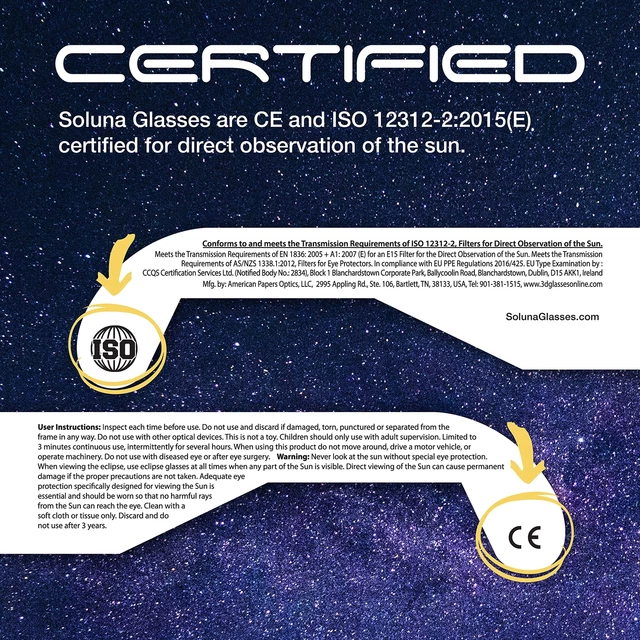 SOLAR ECLIPSE GLASSES AAS Approved 2024 Made in the USA CE and ISO