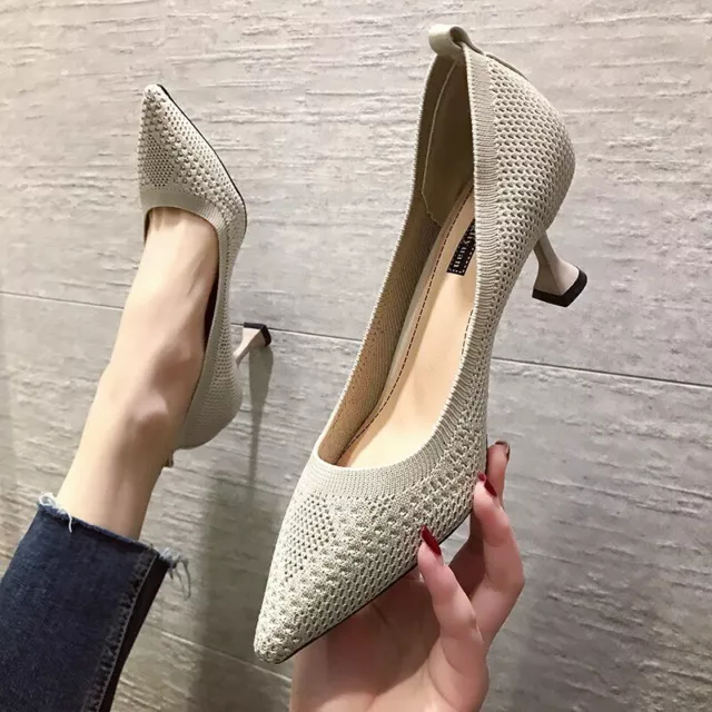 New Women High Heels Knit Stretch Fabric Pumps Pointed Toe Party Dress Shoes