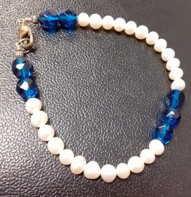 Sterling Silver Cultured Pearls Necklace Blue Beads 925 Acid Tested