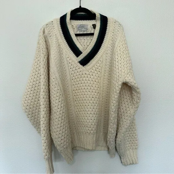 Donegal II Jamie Bruno hand loomed shawl collar cream open knit sweater Large