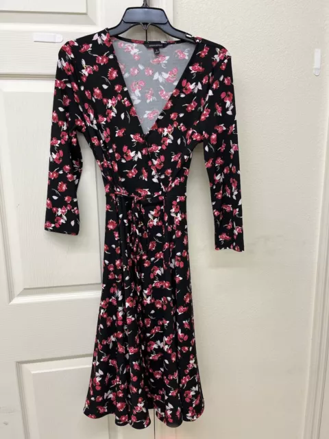 Banana Republic Wrap Dress Womens Small Black & Pink flowers Side Tie Waist