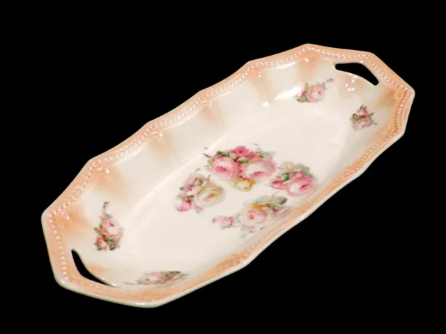 Vintage PK Silesia 12in oblong serving dish pink & yellow roses open handles